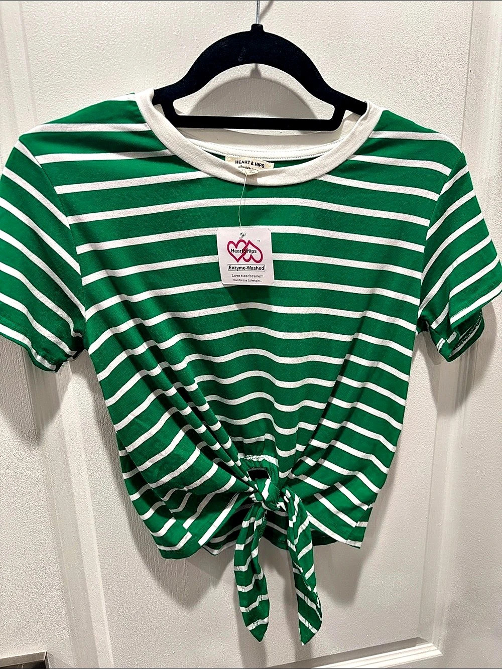 NEW! Heart & Hips Striped Tie-Front Tee in Green & White Size Small NWT